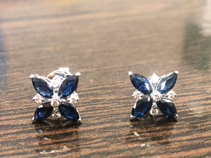 White Ear Studs Blue Sapphire Blue Sapphire Earring 14K Gold