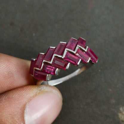 Baguette Cut Ruby Gemstone Ring Silver