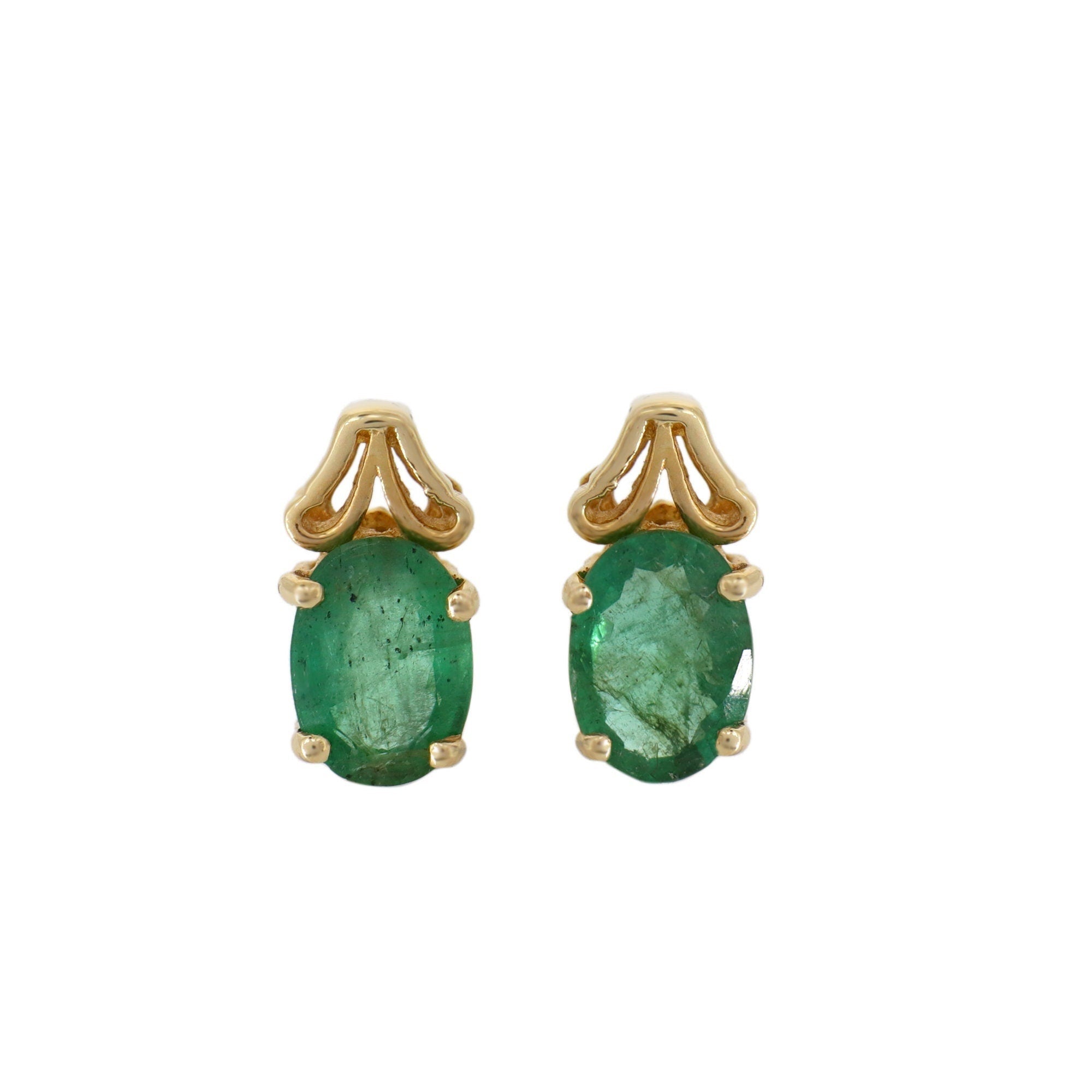 Emerald Stone Handmade Small Stud Earring 14K Gold