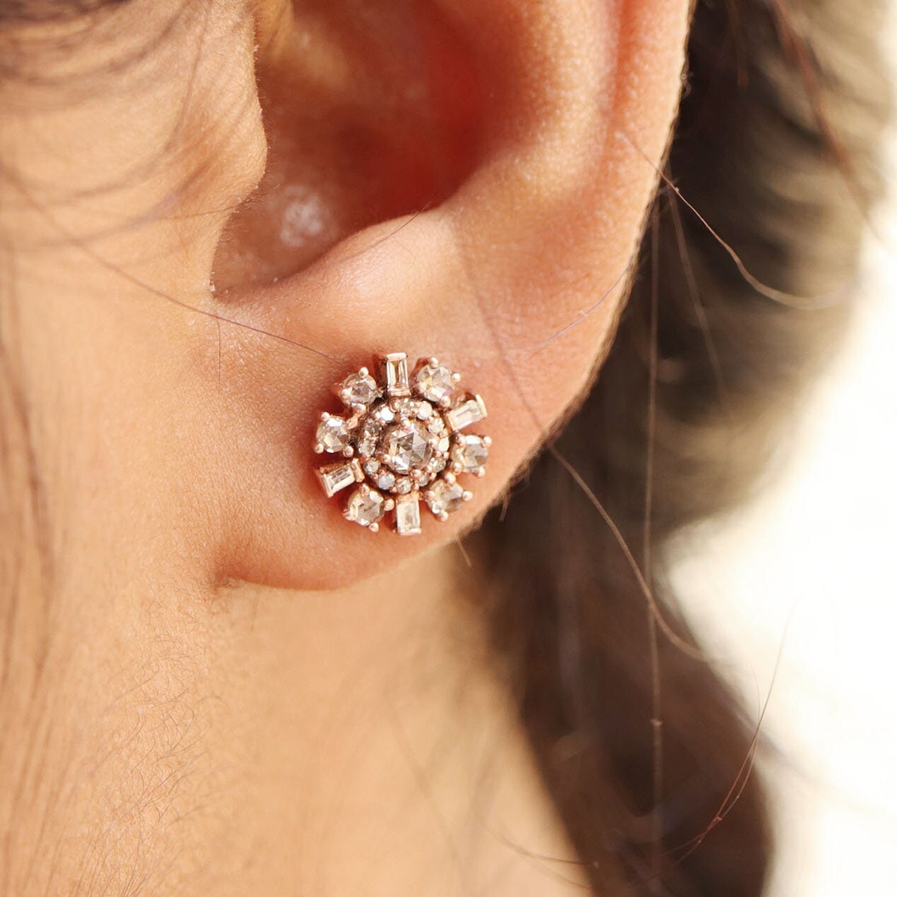 Rose Studs Baguette & Round Cut Rose Studs Real Rose Cut Earring 14K Gold