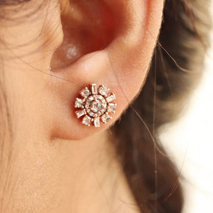 Rose Studs Baguette & Round Cut Rose Studs Real Rose Cut Earring 14K Gold
