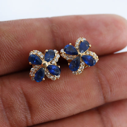 Yellow Studded Pear Cut Blue Sapphire Studs Top Quality Round Earring 14K Gold
