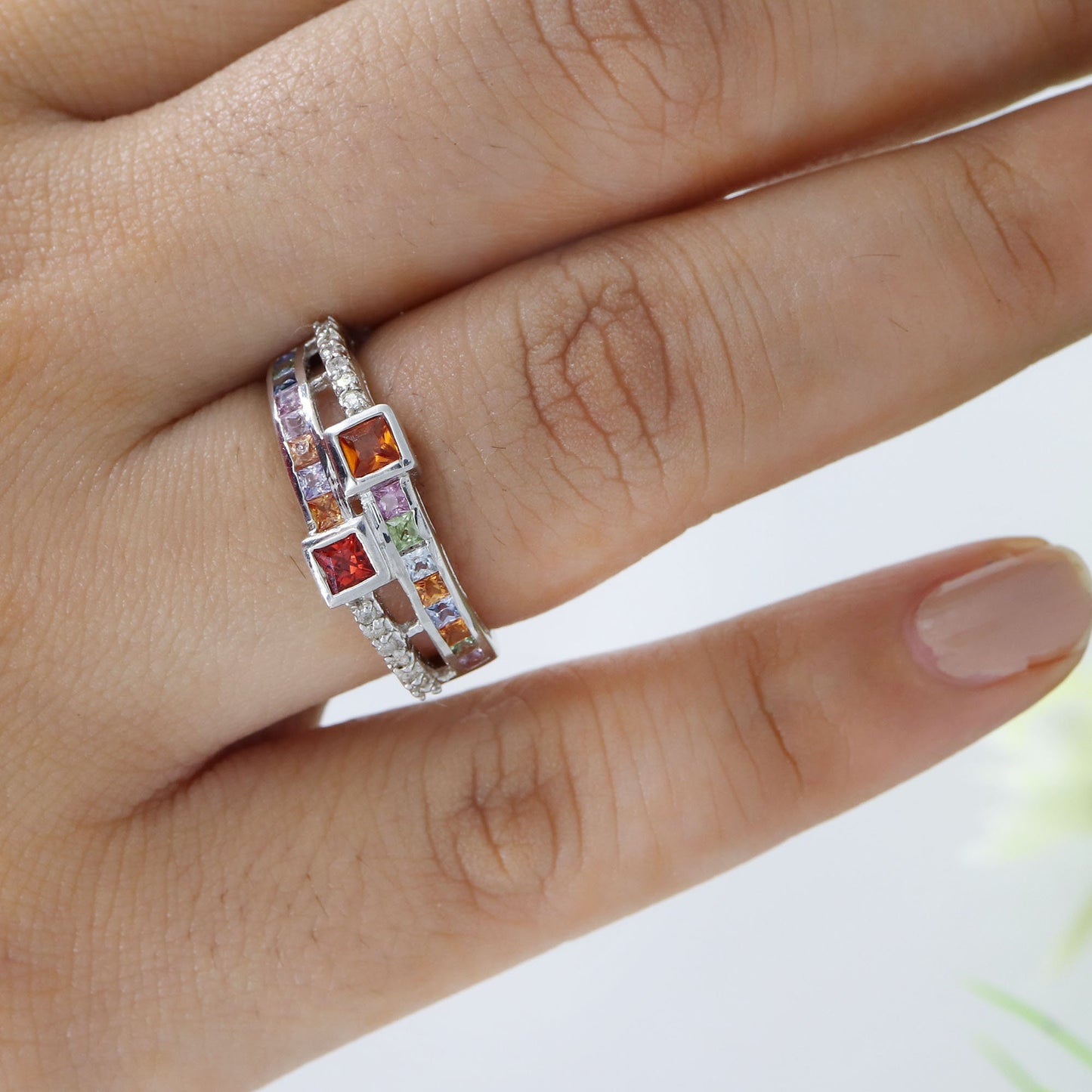 Princess Cut Multi Sapphire Ring Silver