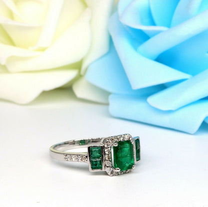 Handmade Emerald Cut Emerald & White Ring 18K Gold