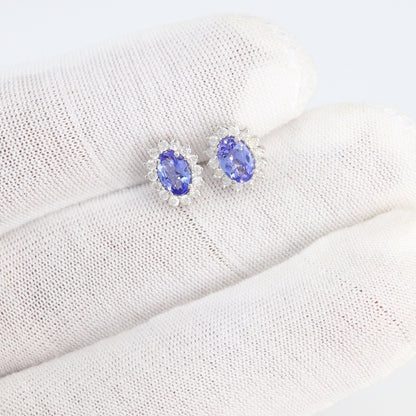 Cluster Tanzanite Studs White Multi Gemstone Tanzanite Earring 18K Gold