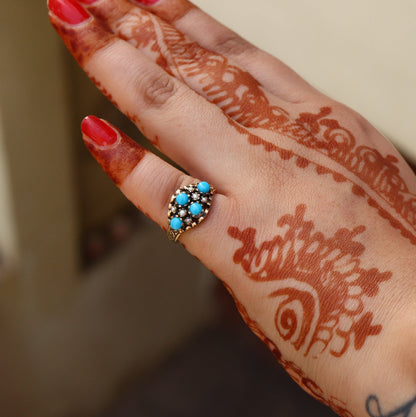 Antique 9K Persian Turquoise Pearl Cabochon Ring Gold