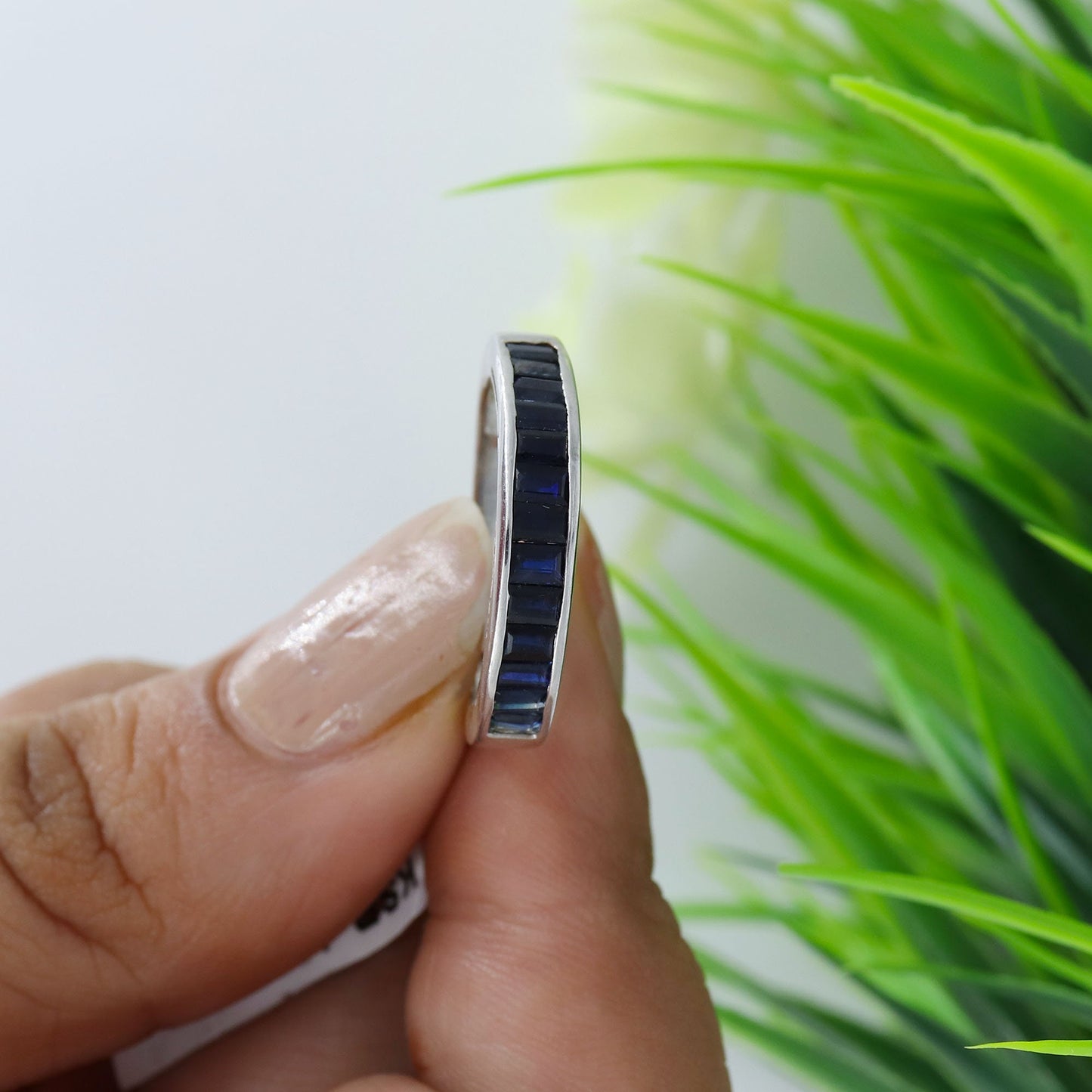 Baguette Cut Blue Sapphire Ring Silver