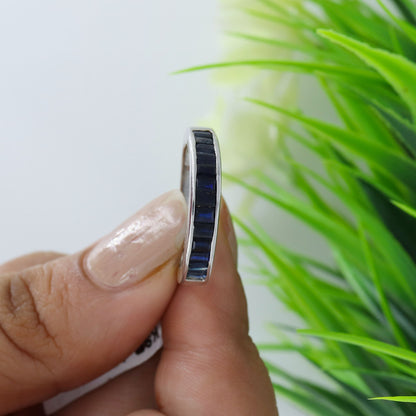 Baguette Cut Blue Sapphire Ring Silver