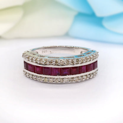 Triple Line Band Ruby Band 925 Sterling White Rhodium Plated Band Ring Silver