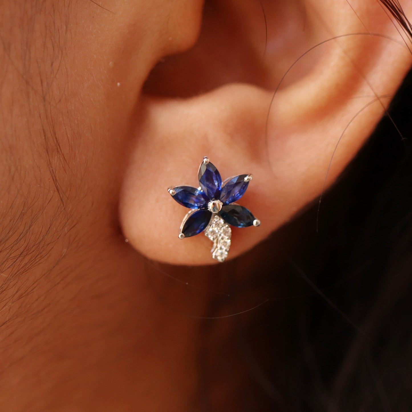Flower Design Ruby/Blue Sapphire Earring 14K Gold