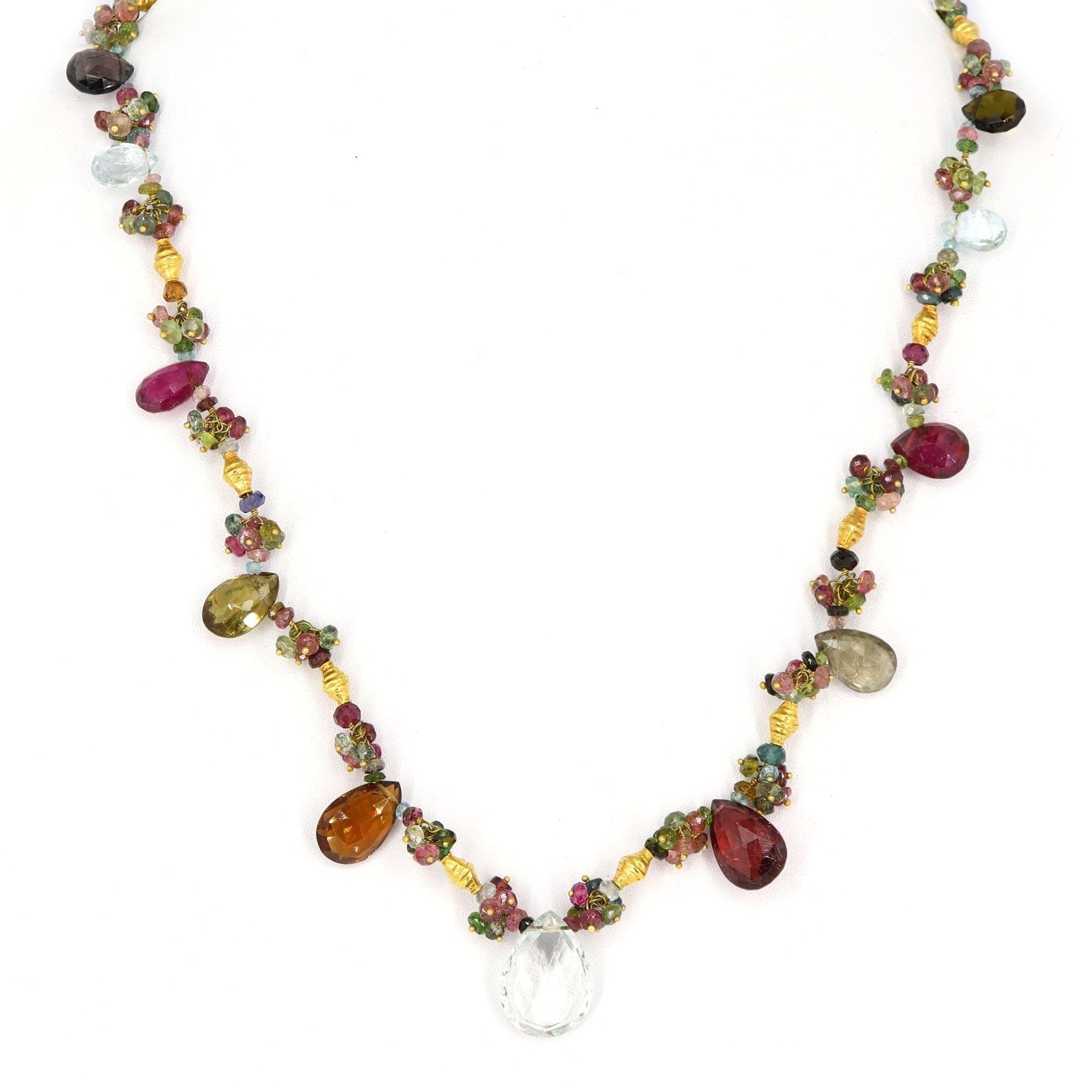 Solitaire Pear Cut Aquamarine Multi Tourmaline Beaded Necklace 18K Gold