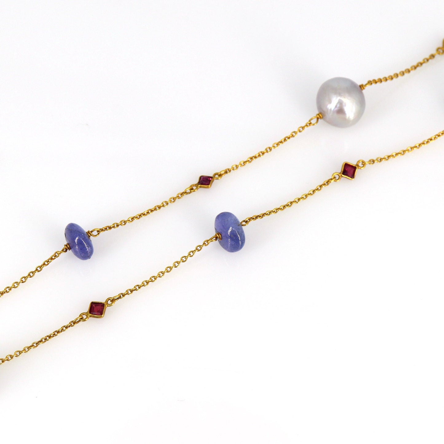 Vintage Yellow 30" Double String Pearl Curb Chain Necklace 18K Gold