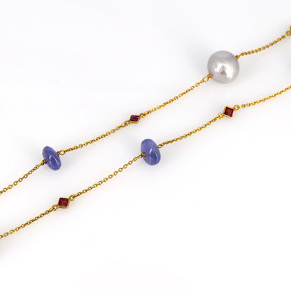 Vintage Yellow 30" Double String Pearl Curb Chain Necklace 18K Gold