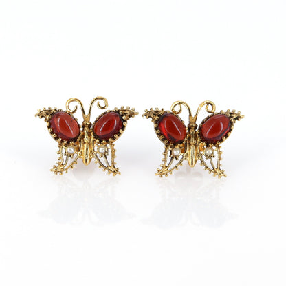 Tiny Butterfly Garnet Studs 9K Yellow Earring Gold