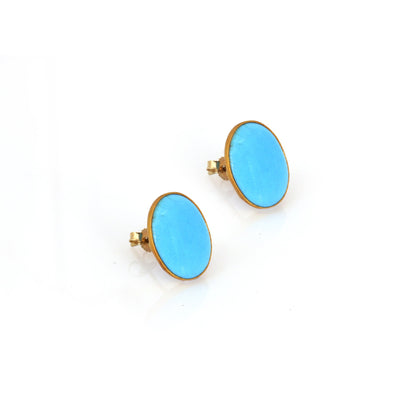 Yellow Cabochon Oval Shape Turquoise Bezel Stud Post Solitaire Fine Gemstone Earring 14K Gold