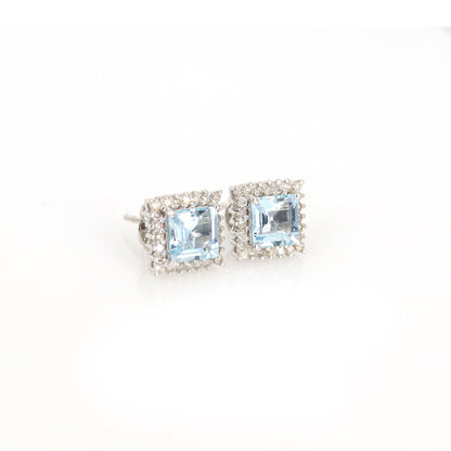Cluster Studded Princess Cut Aquamarine White Aquamarine White Studs Earring 14K Gold