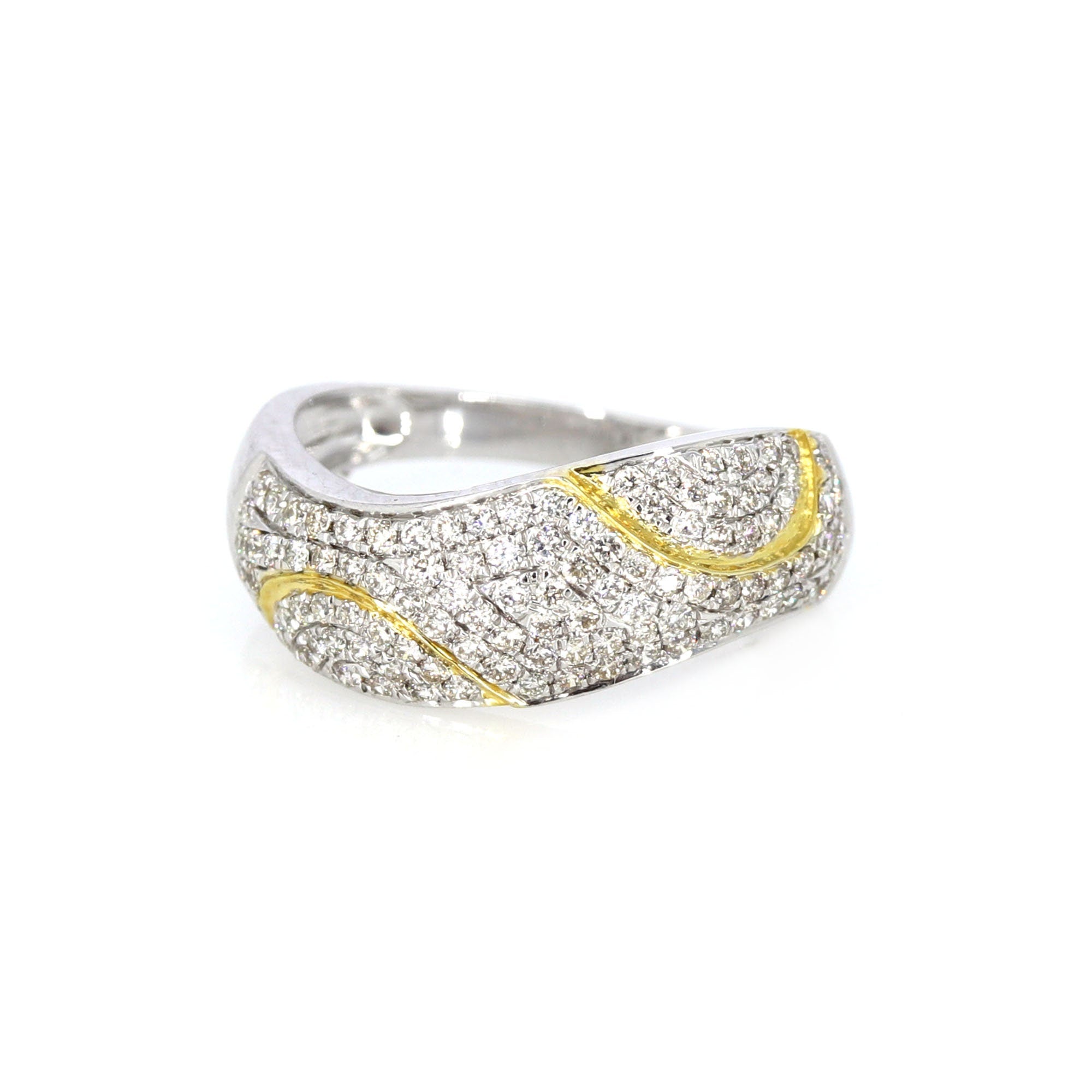 Curved Wedding Band White Round Cut Waved Ring 18K Gold