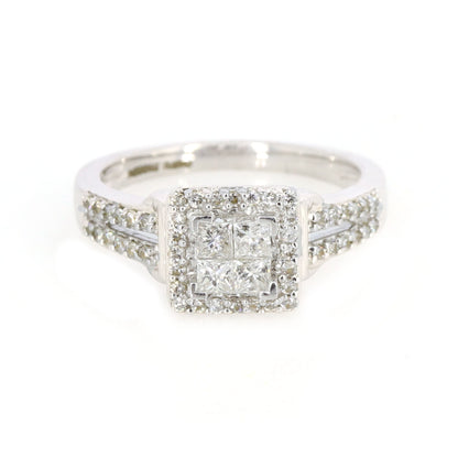 White Princess Cut Illusion Invisible Setting Halo Engagement Ring 18K Gold