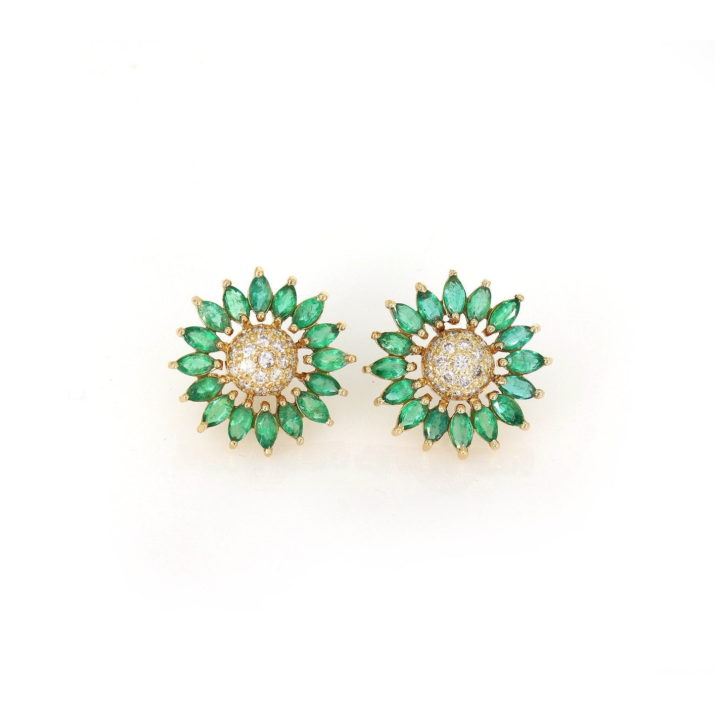 Sun Flower Design Emerald Stud Earring 14K Gold