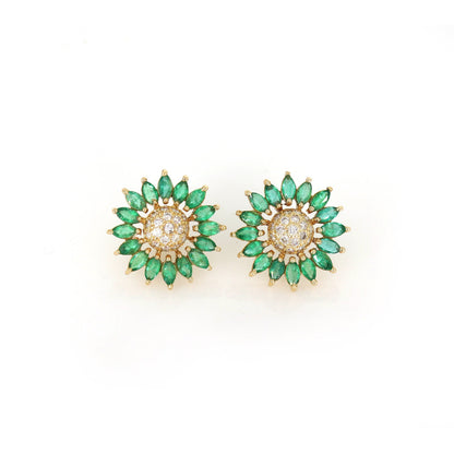Sun Flower Design Emerald Stud Earring 14K Gold