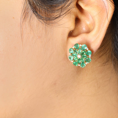Real Emerald Floral Pattern Studs Earring 14K Gold