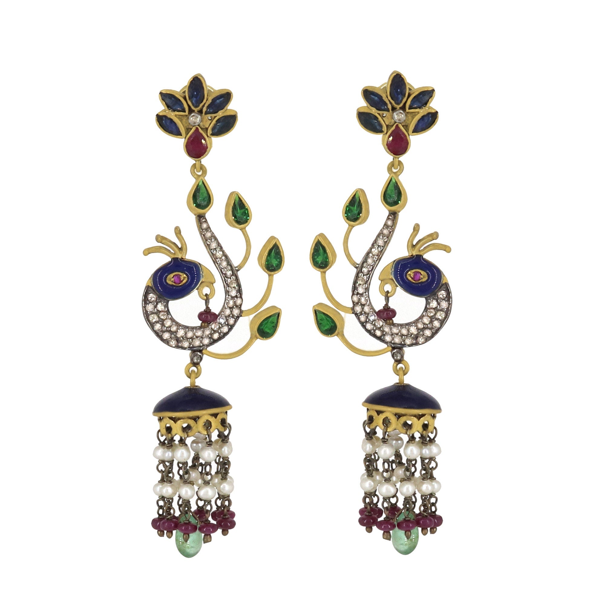 Emerald Chrome Diopside Sapphire Ruby Pearl Jewellery Kundan Enamel Style Indian Jewellery Traditional Earring