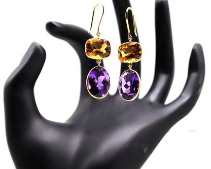 18Kyellow Handmade Citrine Amethyst Hanging Earring Gold