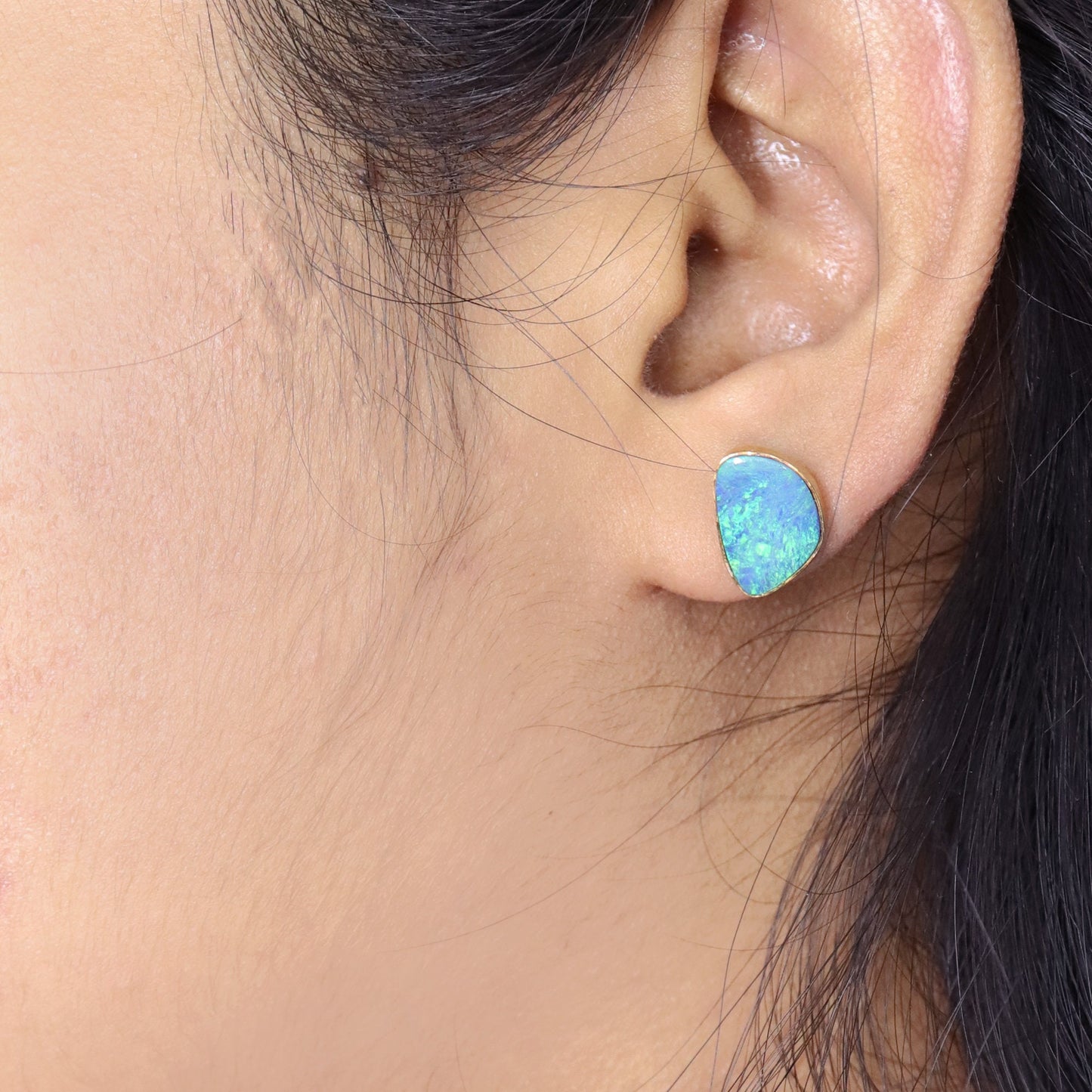 Blue Opal Fancy Shape Studs Yellow Tiny Stud Earring 14K Gold