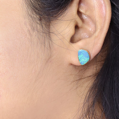 Blue Opal Fancy Shape Studs Yellow Tiny Stud Earring 14K Gold