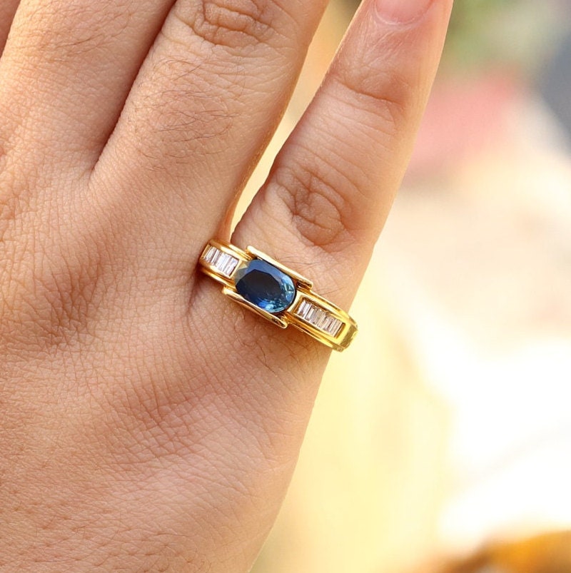 Natural Diamond & Blue Sapphire Men'S Ring 18K Gold