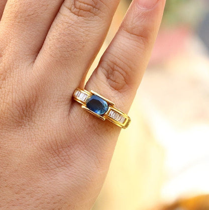 Natural Diamond & Blue Sapphire Men'S Ring 18K Gold