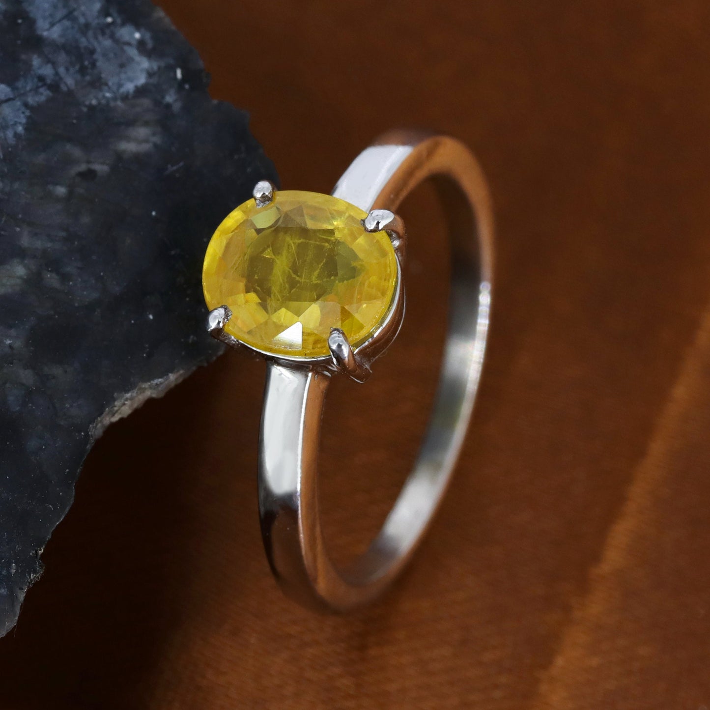 Oval Cut Yellow Sapphire Ring Silver