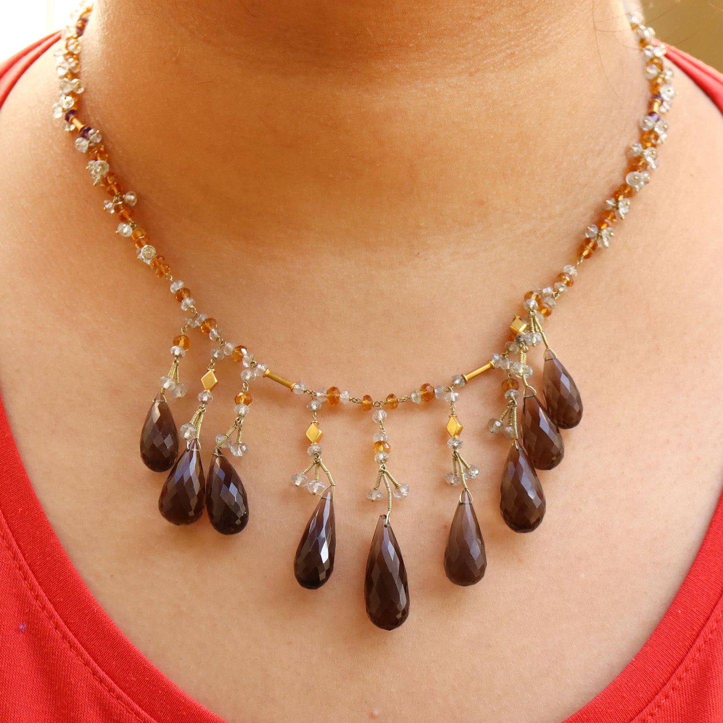 Smoky Quartz Citrine Aquamarine Purple Amethyst Beaded Necklace 14K Gold