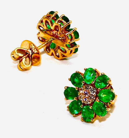 Yellow/White Handmade Emerald/Blue Sapphire Studs Earring 14K Gold