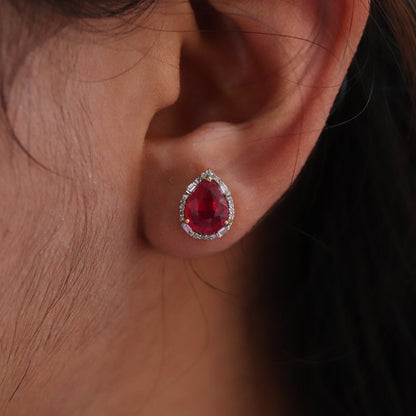 Beautiful Dark Tone Red Ruby Gemstone Studs Yellow Earring 18K Gold