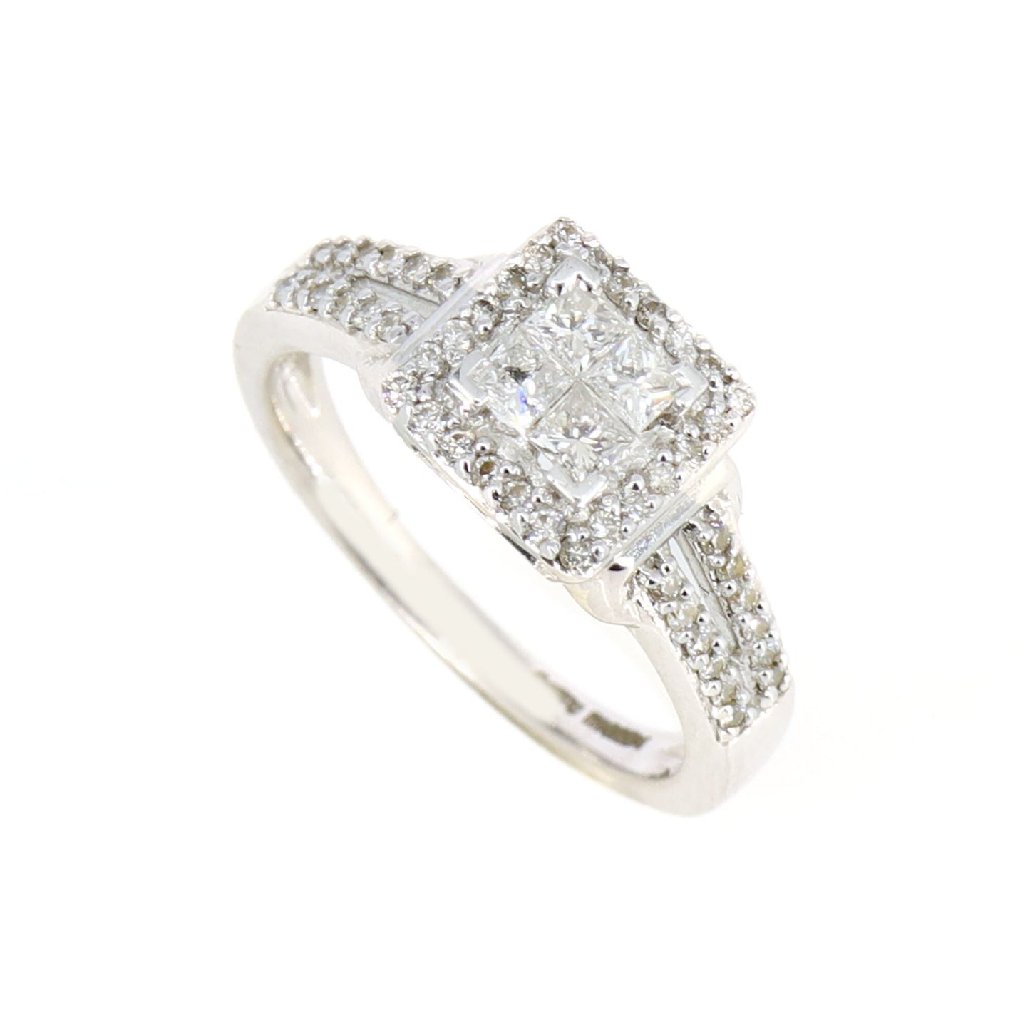 White Princess Cut Illusion Invisible Setting Halo Engagement Ring 18K Gold