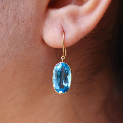 Oval Shape Blue Topaz Earring 18K Gold