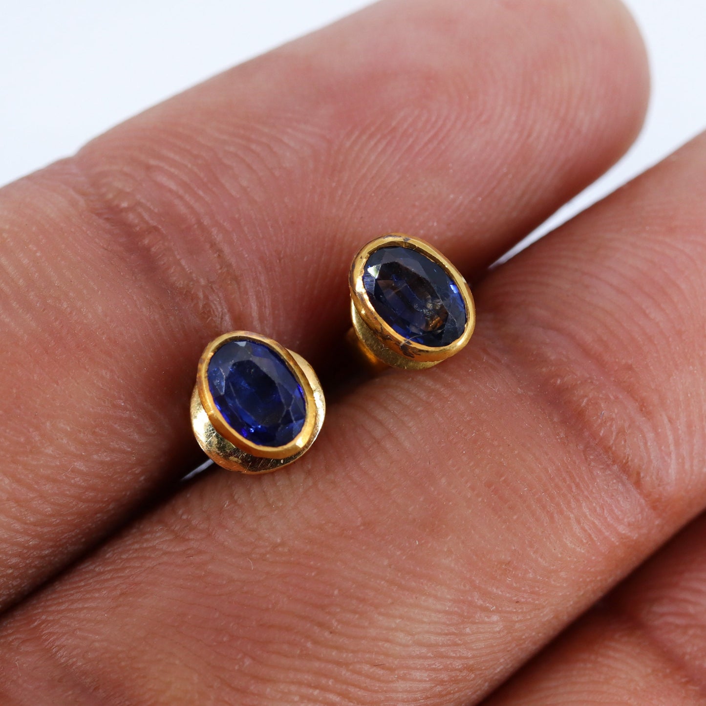 Blue Sapphire Studs Yellow Oval Cut Sapphire Earring 14K Gold
