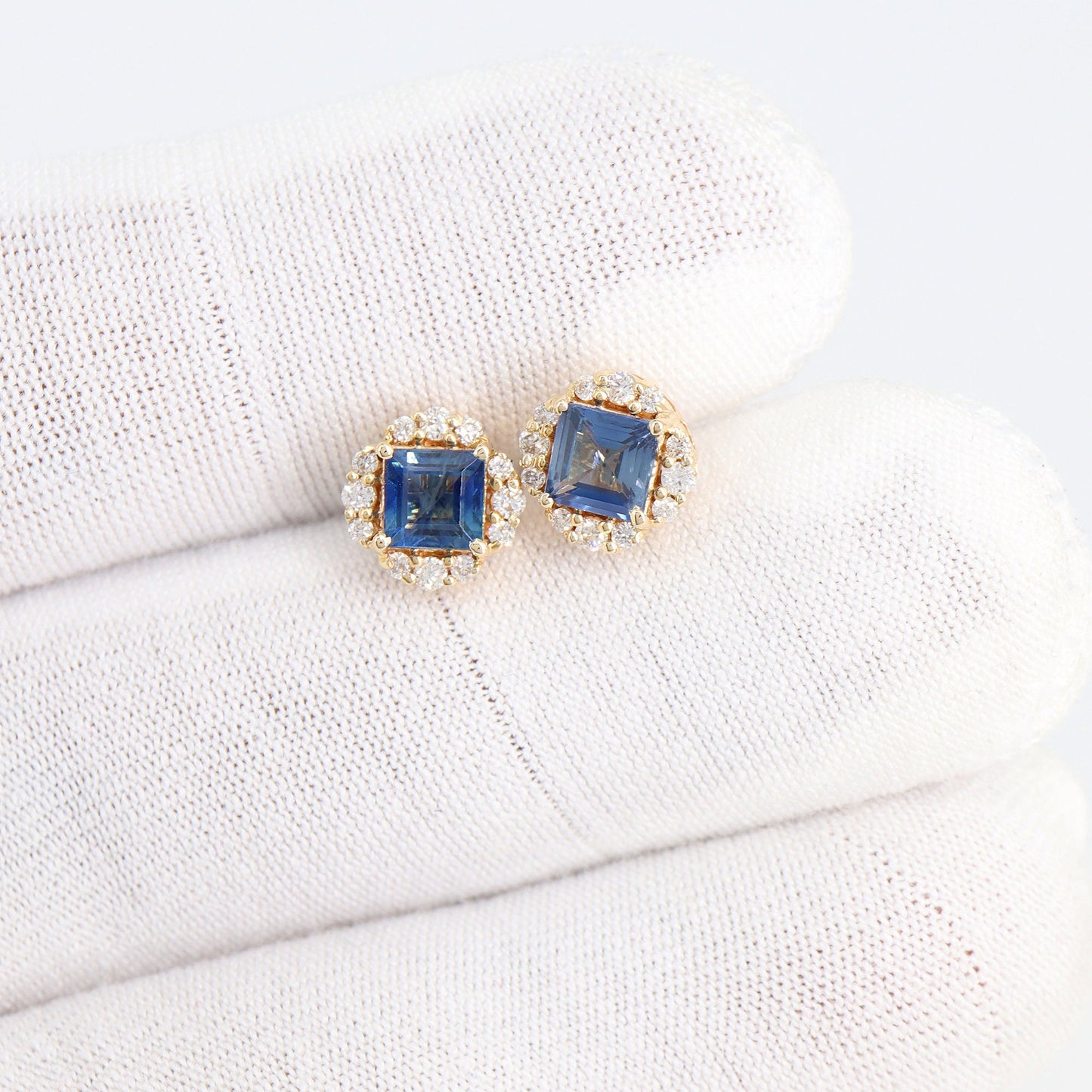 Blue Sapphire Gemstone Studs / Yellow Studs / Princess Cut Sapphire Stone Stud Earring 14K Gold