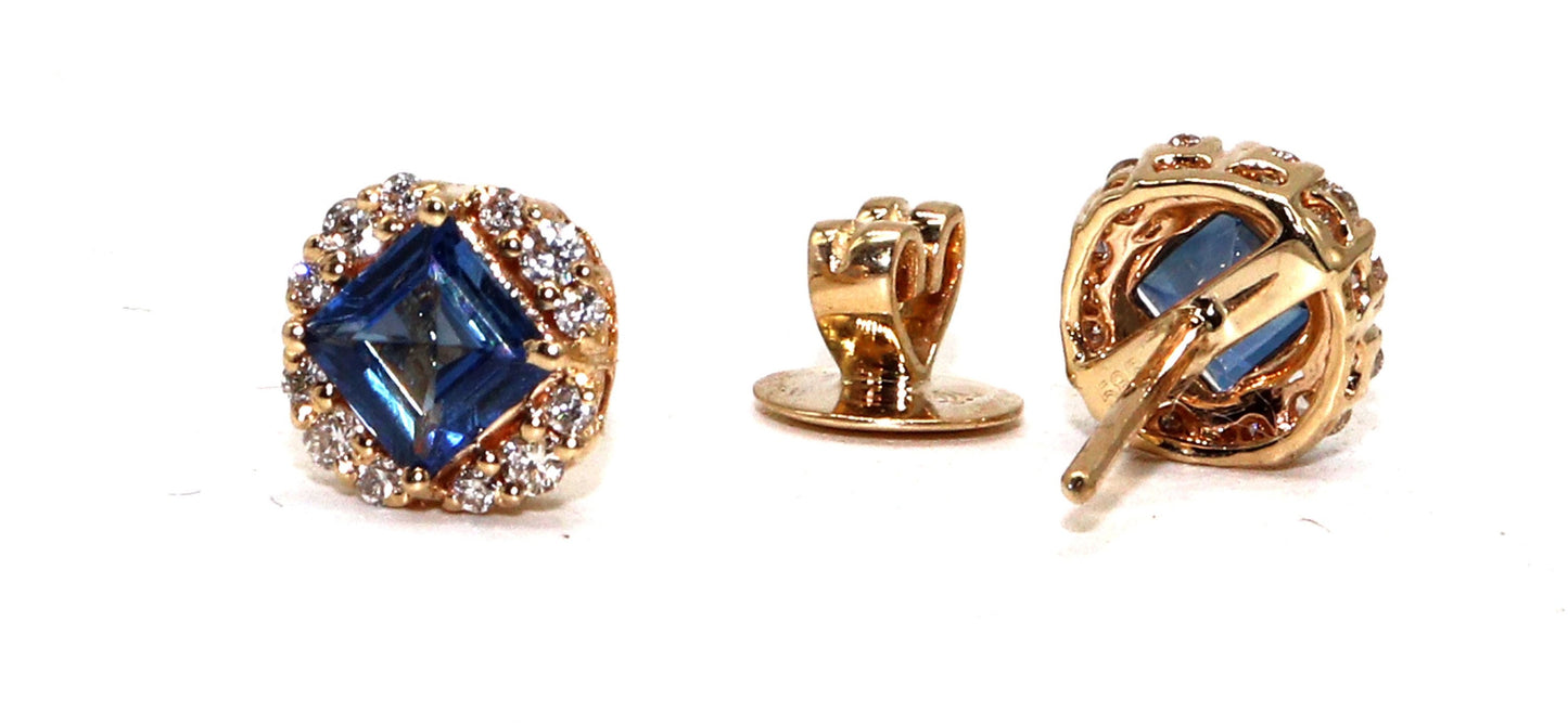 Blue Sapphire Gemstone Studs / Yellow Studs / Princess Cut Sapphire Stone Stud Earring 14K Gold