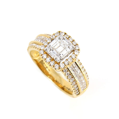 Estate Yellow 1.25 Princess Cut Baguette Cut Round Cut Invisible W/ Dual Halo Pave & Channel Sides Ring 18K Gold