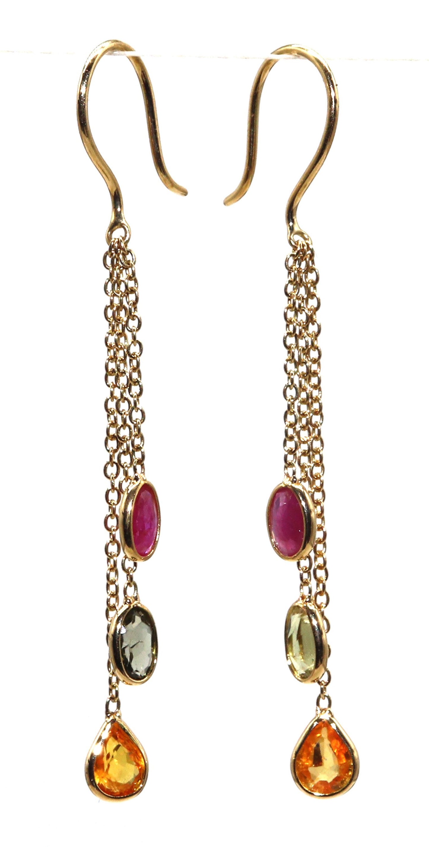 Yellow Handmade Multi Sapphire Ruby Hanging Earring 18K Gold