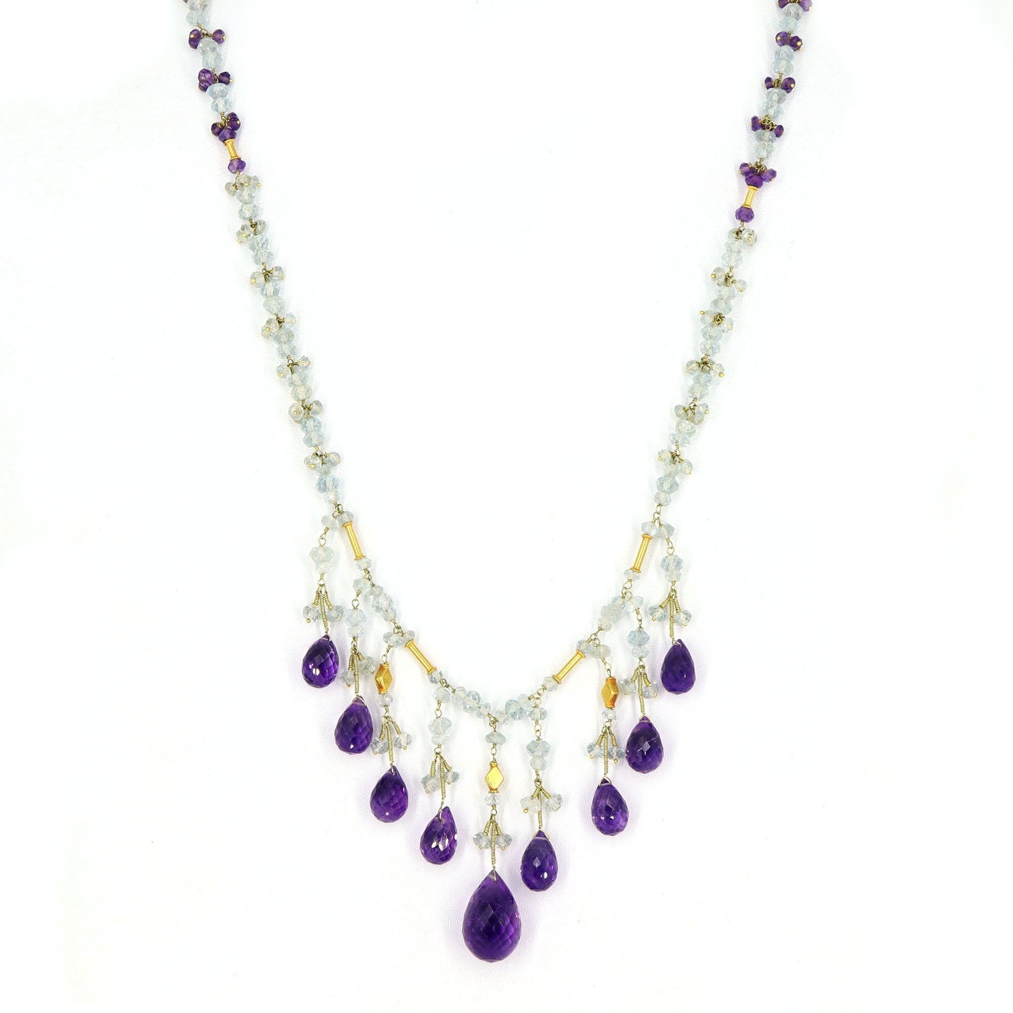 Purple Amethyst Checker Cut Gemstone Briolette Necklace 18K Gold