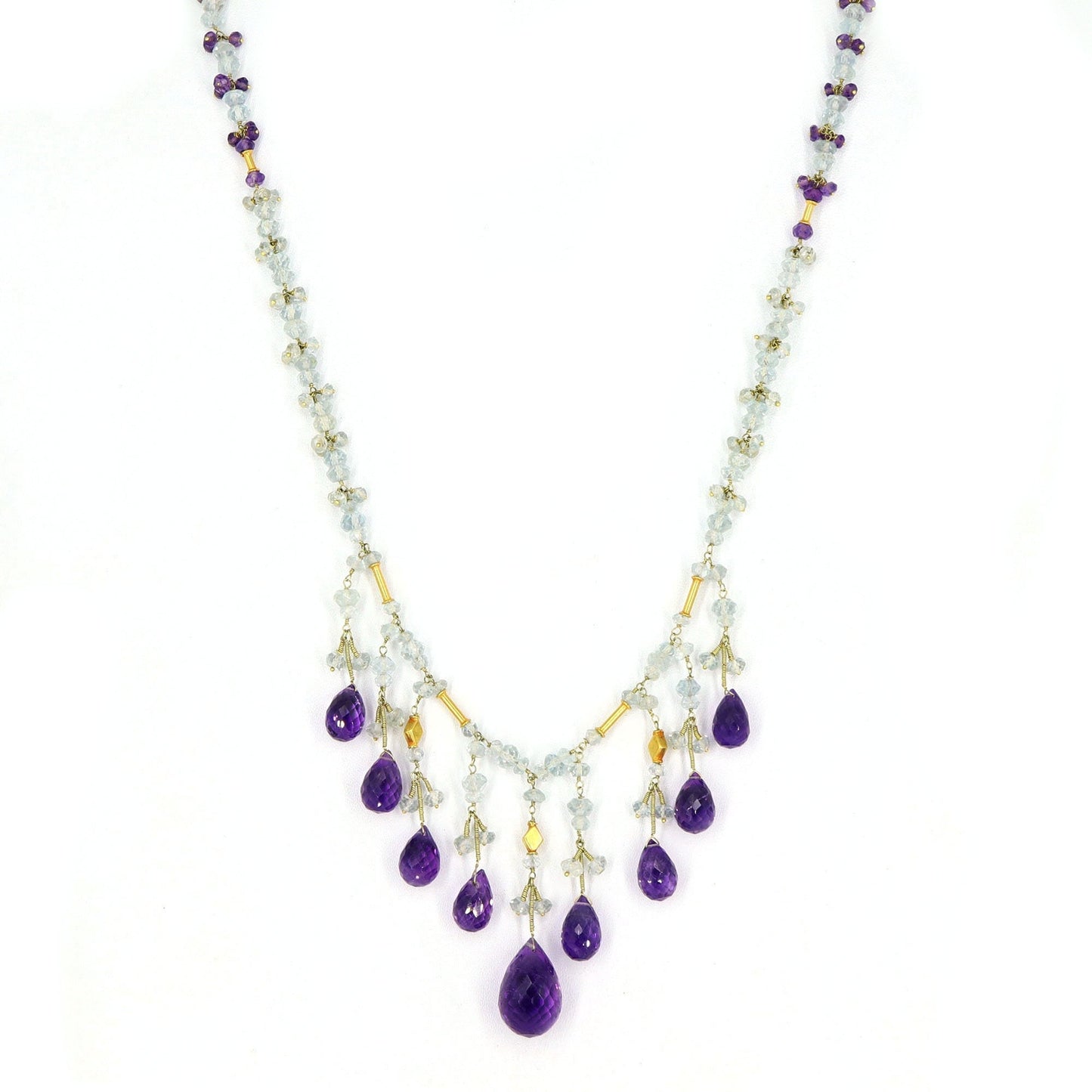 Purple Amethyst Checker Cut Gemstone Briolette Necklace 18K Gold