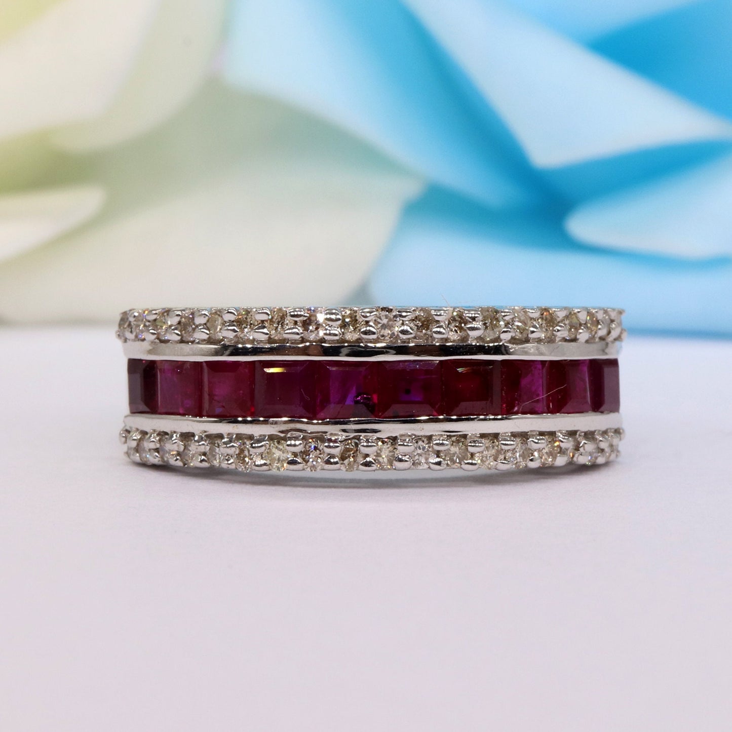 Triple Line Band Ruby Band 925 Sterling White Rhodium Plated Band Ring Silver