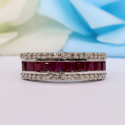 Triple Line Band Ruby Band 925 Sterling White Rhodium Plated Band Ring Silver
