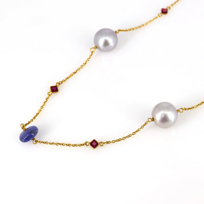 Vintage Yellow 30" Double String Pearl Curb Chain Necklace 18K Gold