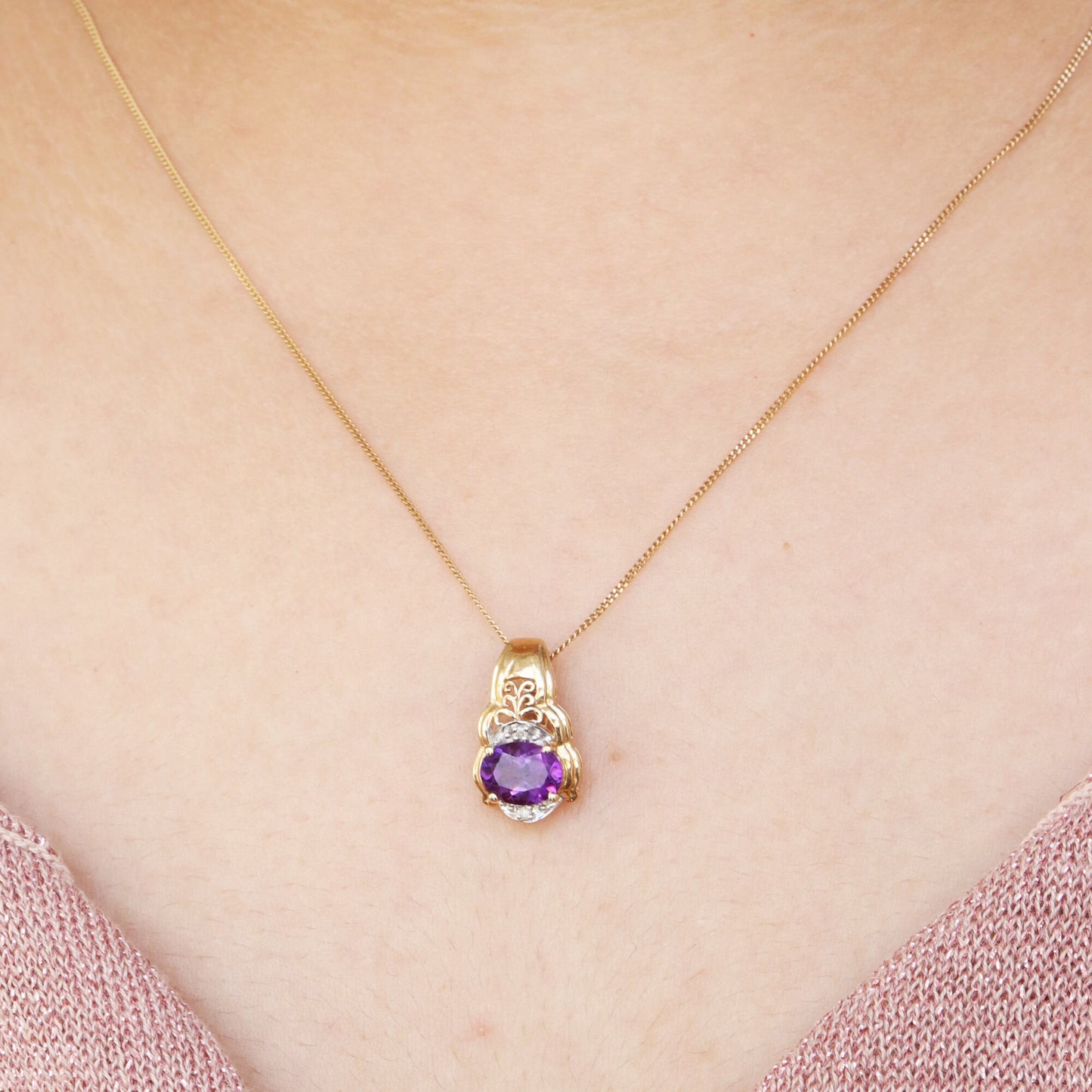 Unique Design Amethyst Necklace 14K Gold