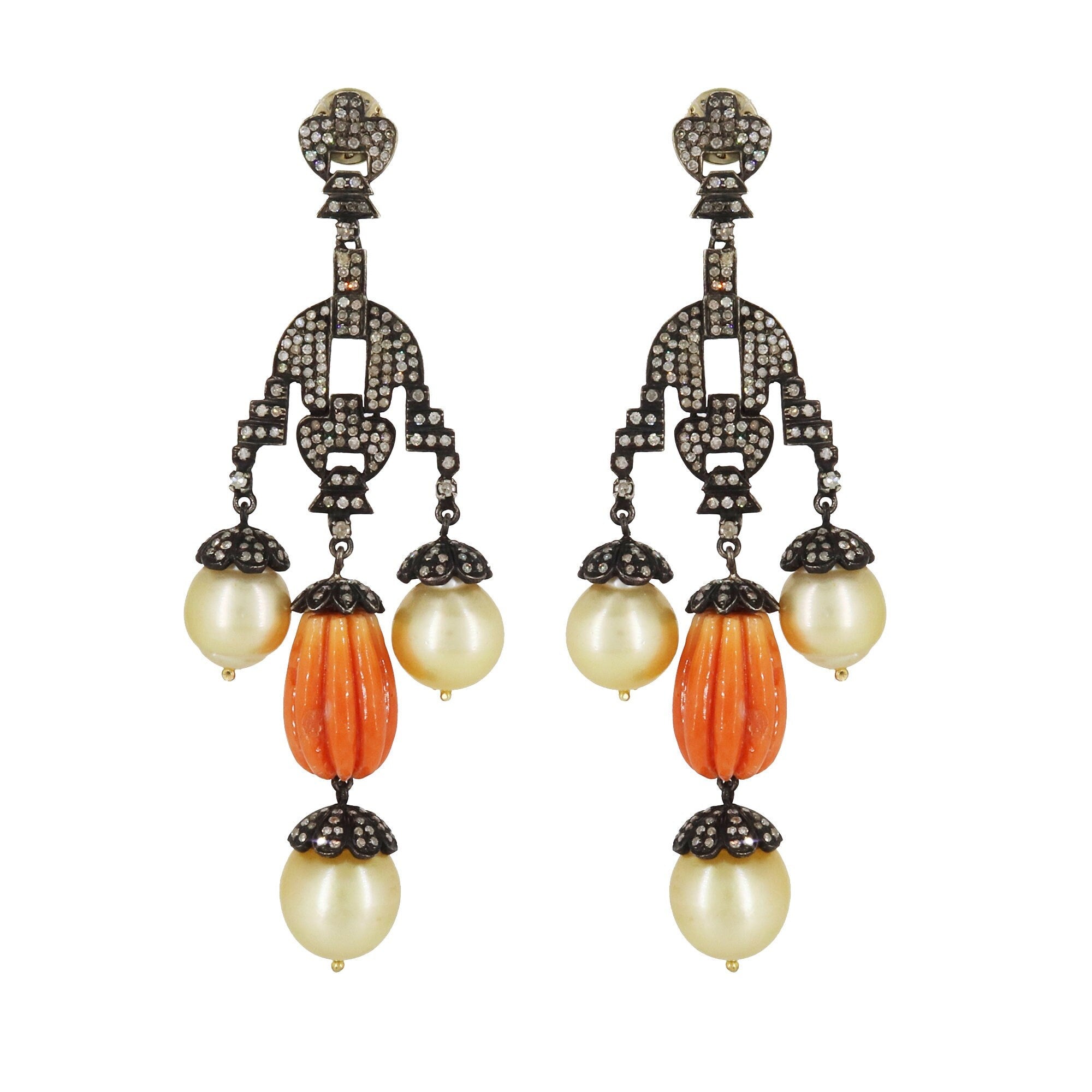 Coral Carving Gemstone South Sea Pearl Earring