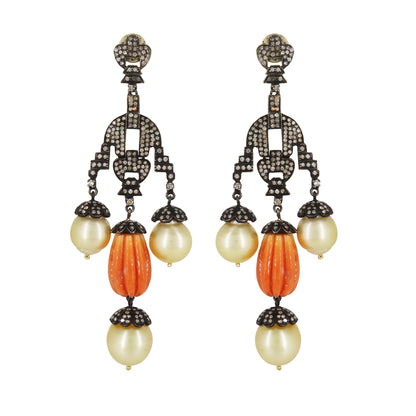 Coral Carving Gemstone South Sea Pearl Earring
